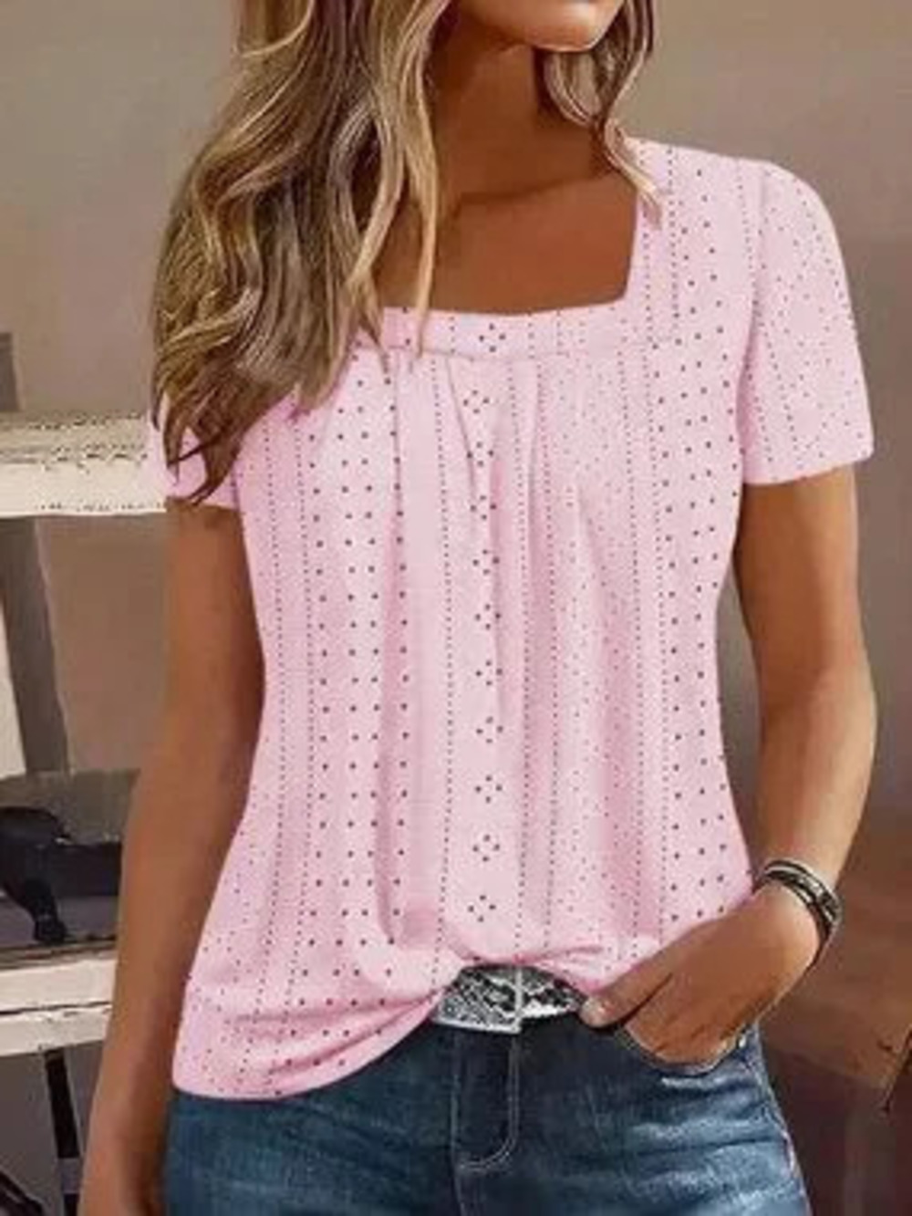 Pink Casual Women's Embroidered Square Neck Ruched Front Short Sleeve T-Shirt